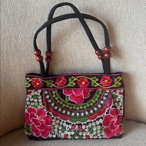 Floral Embroidered Tote Bag with Beaded Handles